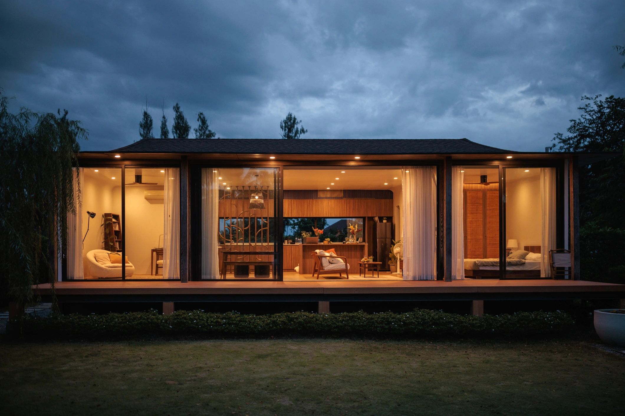 Luxury custom home exterior at dusk